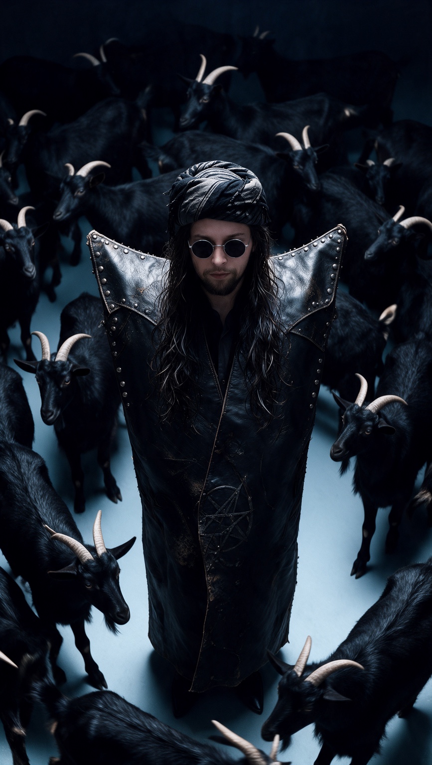Mir Shamal in dark attire among black goats