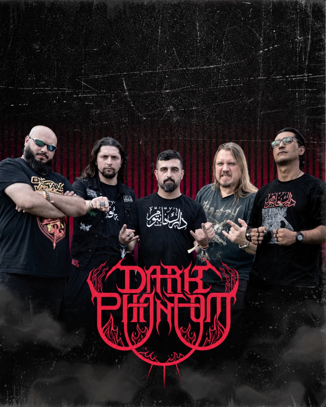 Dark Phantom band portrait with five members and their red logo